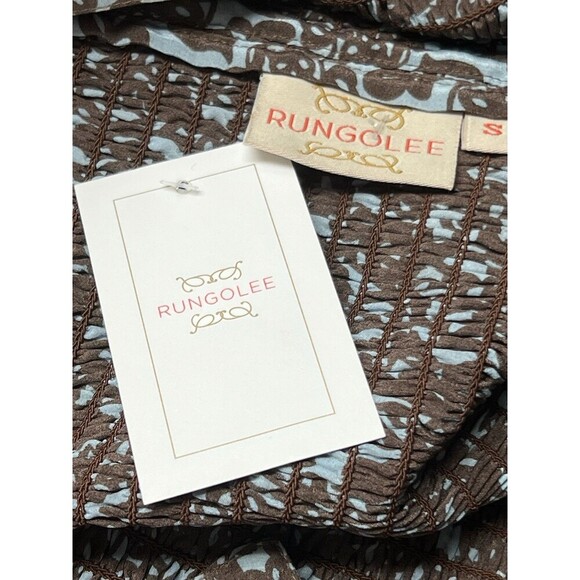 Rungolee Tahiti Floral Smocked Silk Top Blue Coffee Sleeveless Boho op NEW Sz S - Picture 11 of 16